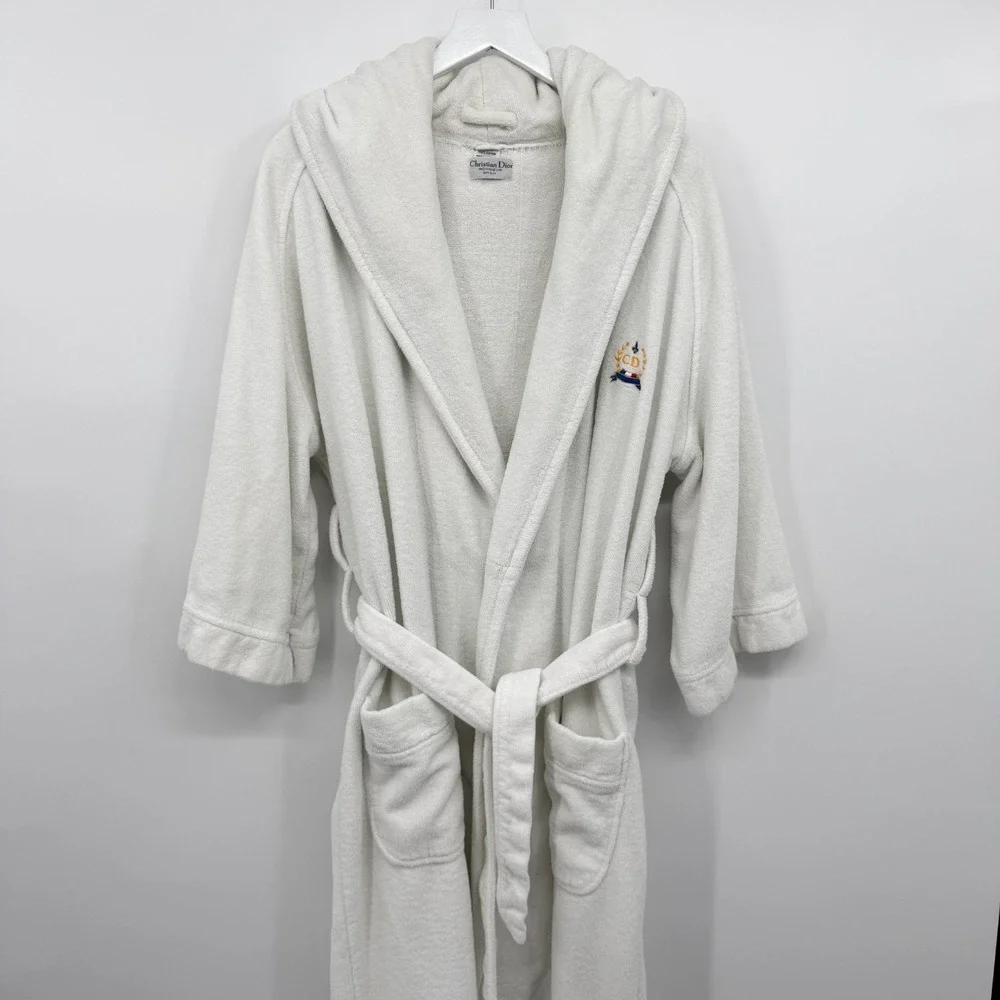 Vintage Christian Dior Monsieur Robe OS Terry Cloth Hooded Quiet Luxury Logo Spa
